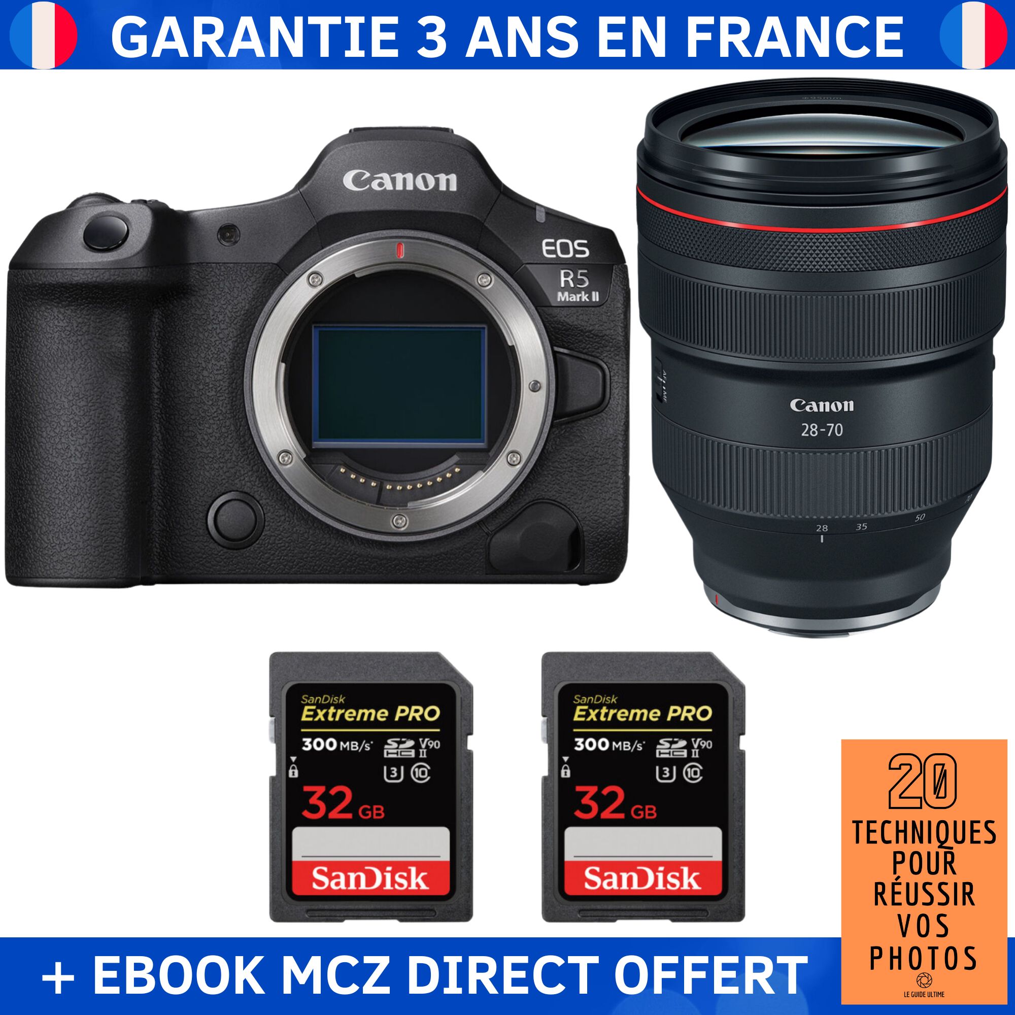 Canon EOS R5 Mark II + RF 28 70mm f2 USM + 2 SanDisk Extreme PRO UHS II SDXC 300 MB/ + Ebook '20 Techniques pour Réussir vos Photos' Appareil Photo Hybride Canon