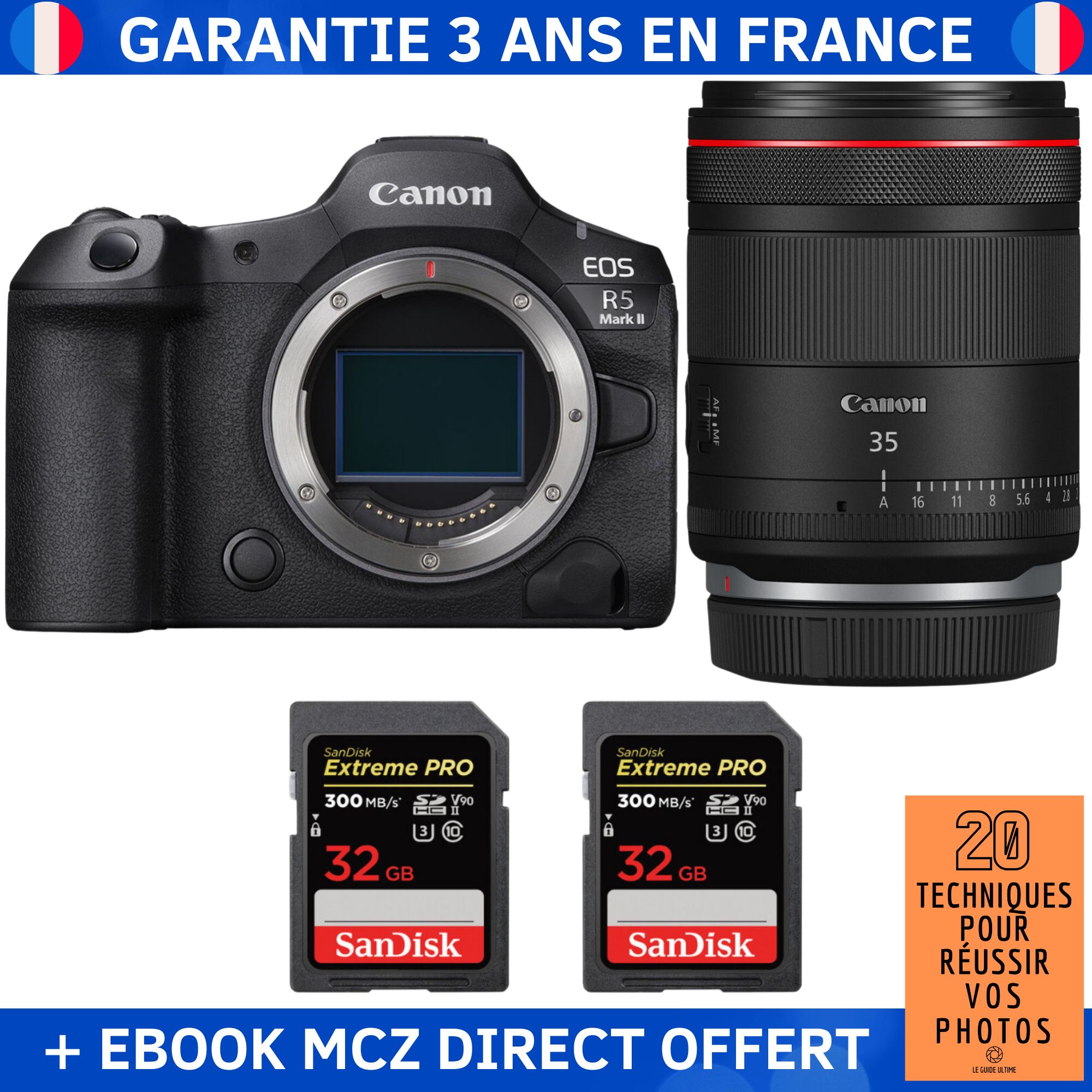 Canon EOS R5 Mark II + RF 35mm f1.4 VCM + 2 SanDisk Extreme PRO UHS II SDXC 300 MB/ + Ebook '20 Techniques pour Réussir vos Photos' Appareil Photo Hybride Canon