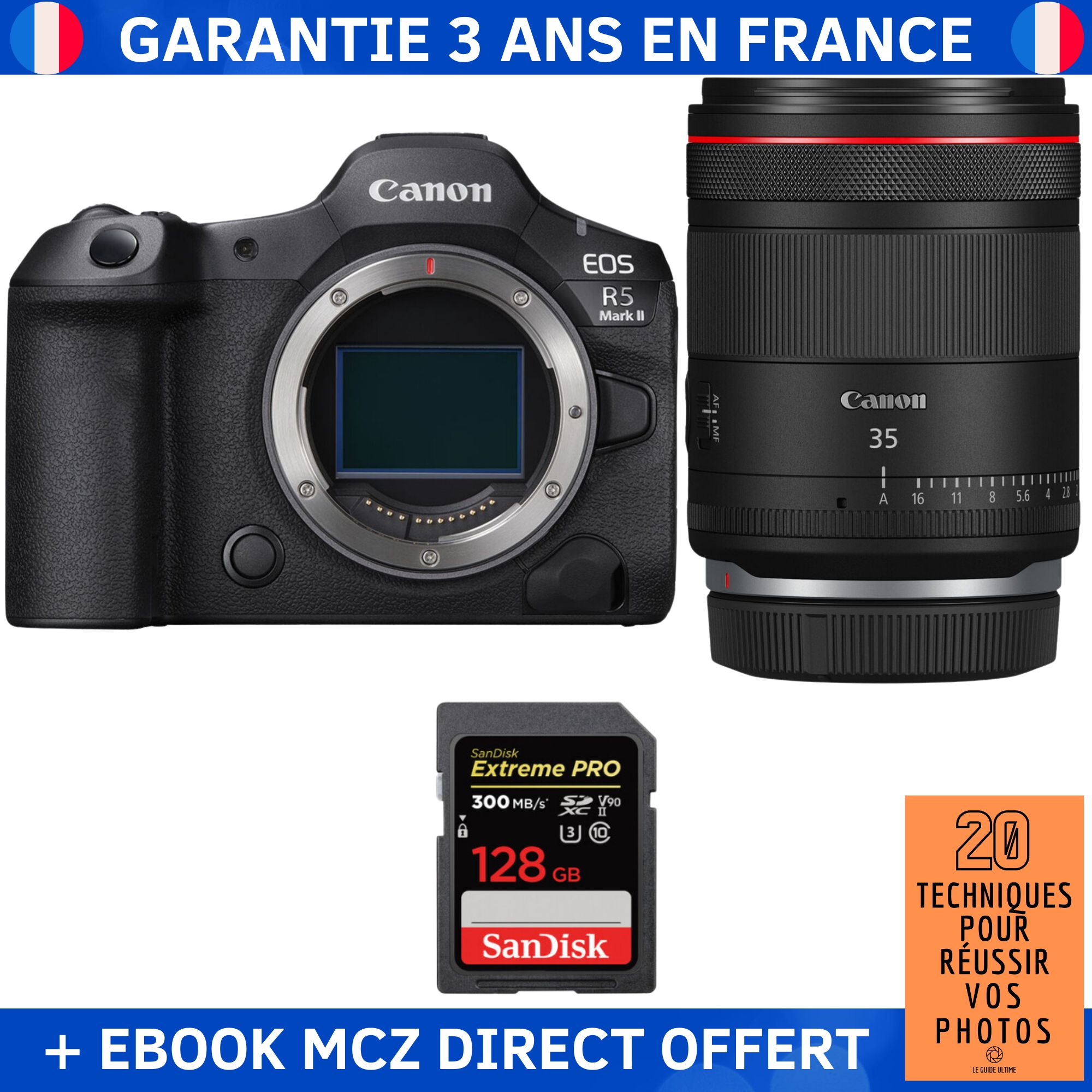 Canon EOS R5 Mark II + RF 35mm f1.4 VCM + 1 SanDisk Extreme PRO UHS II SDXC 300 MB/ + Ebook '20 Techniques pour Réussir vos Photos' Appareil Photo Hybride Canon