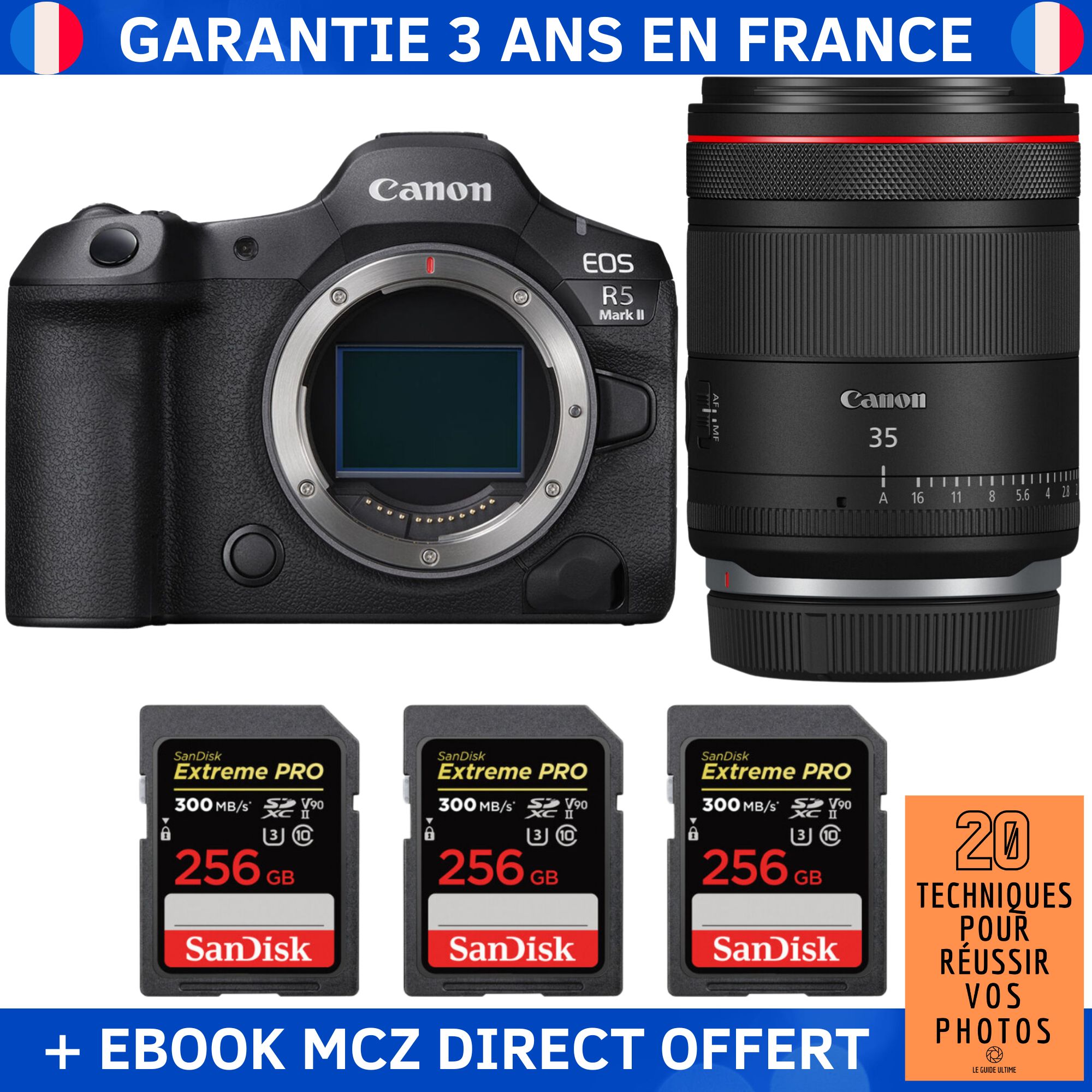 Canon EOS R5 Mark II + RF 35mm f1.4 VCM + 3 SanDisk Extreme PRO UHS II SDXC 300 MB/ + Ebook '20 Techniques pour Réussir vos Photos' Appareil Photo Hybride Canon