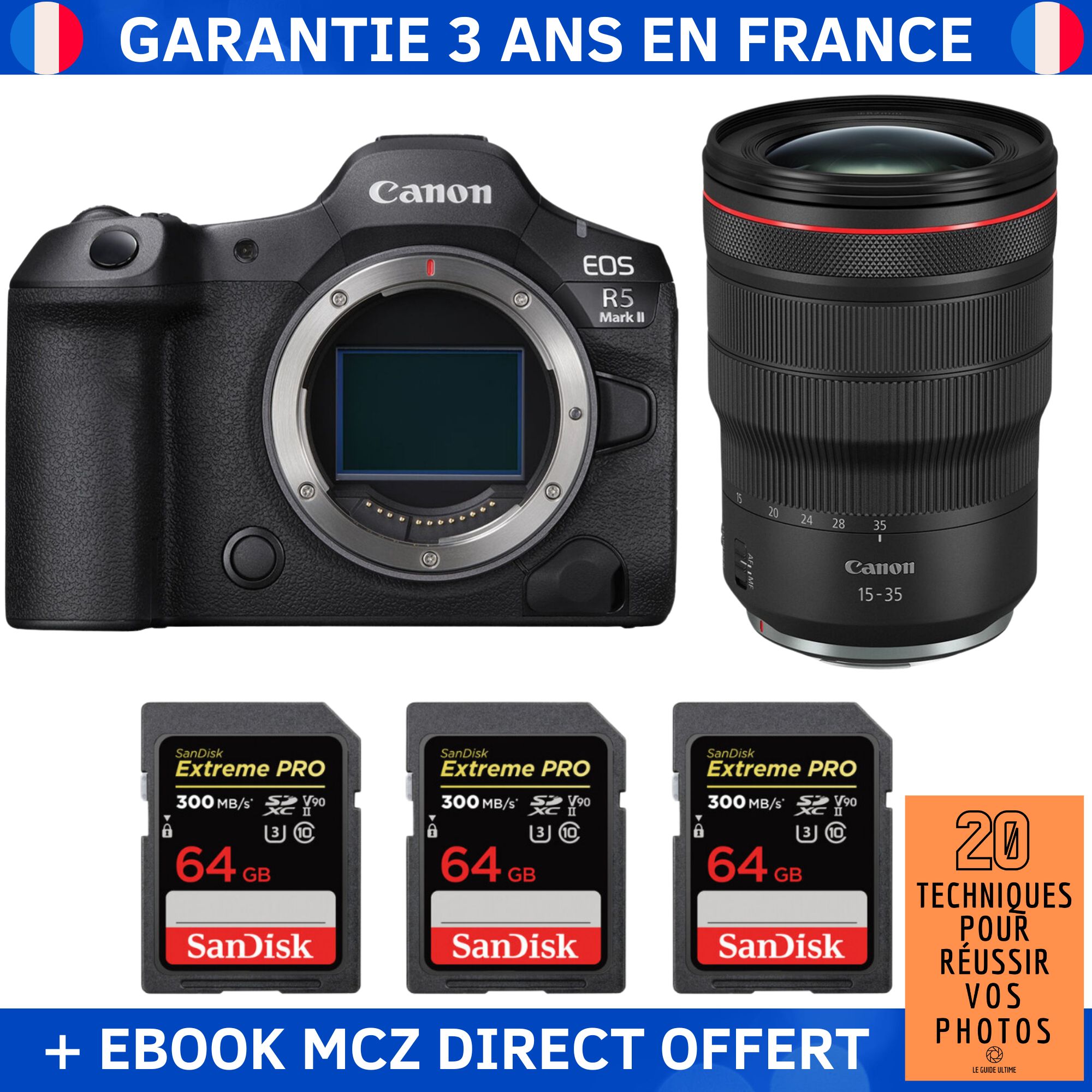Canon EOS R5 Mark II + RF 15 35mm f2.8 IS USM + 3 SanDisk Extreme PRO UHS II SDXC 300 MB/ + Ebook '20 Techniques pour Réussir vos Photos' Appareil Photo Hybride Canon - vue 3