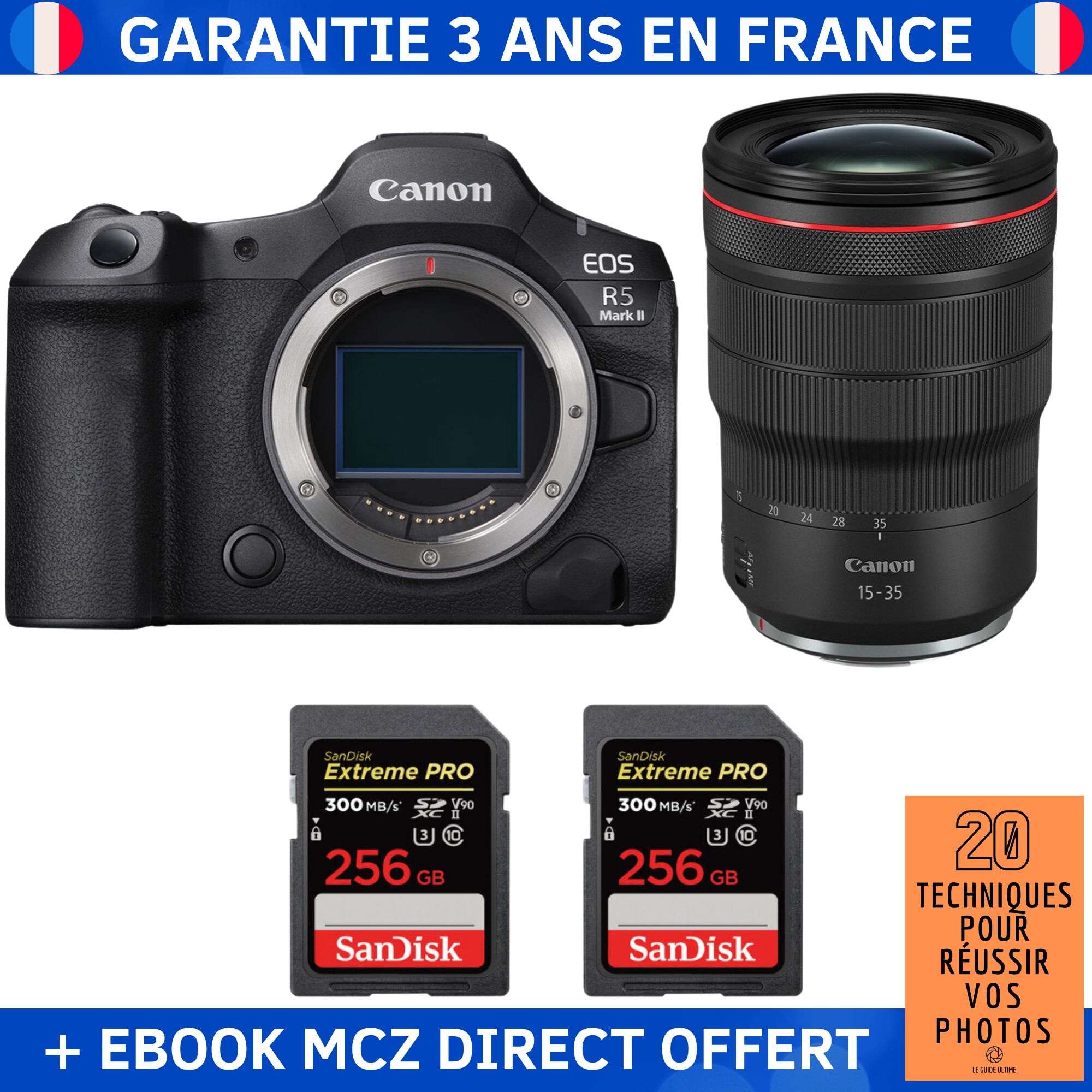 Canon EOS R5 Mark II + RF 15 35mm f2.8 IS USM + 2 SanDisk Extreme PRO UHS II SDXC 300 MB/ + Ebook '20 Techniques pour Réussir vos Photos' Appareil Photo Hybride Canon