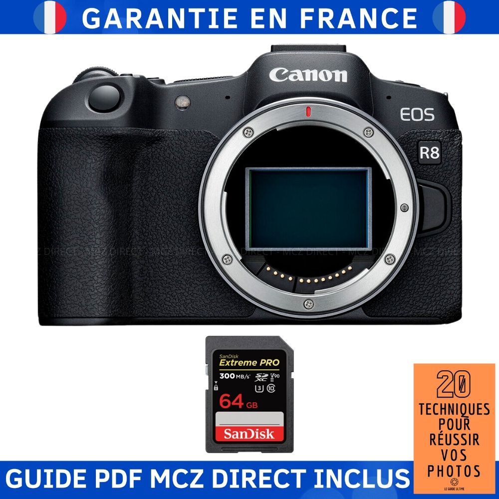 Canon EOS R8 + 1 SanDisk Extreme PRO UHS II SDXC 300 MB/ + Guide PDF MCZ DIRECT '20 TECHNIQUES POUR RÉUSSIR VOS PHOTOS