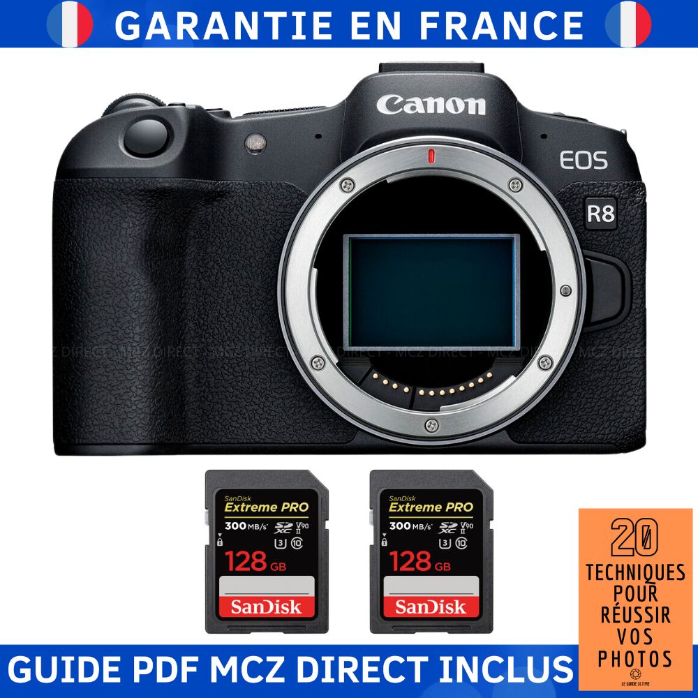 Canon EOS R8 + 2 SanDisk Extreme PRO UHS II SDXC 300 MB/ + Guide PDF MCZ DIRECT '20 TECHNIQUES POUR RÉUSSIR VOS PHOTOS