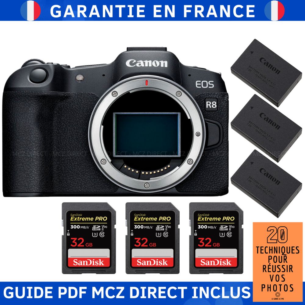 Canon EOS R8 + 3 SanDisk Extreme PRO UHS II SDXC 300 MB/ + 3 Canon LP E17 + Guide PDF MCZ DIRECT '20 TECHNIQUES POUR RÉUSSIR VOS PHOTOS - vue 3