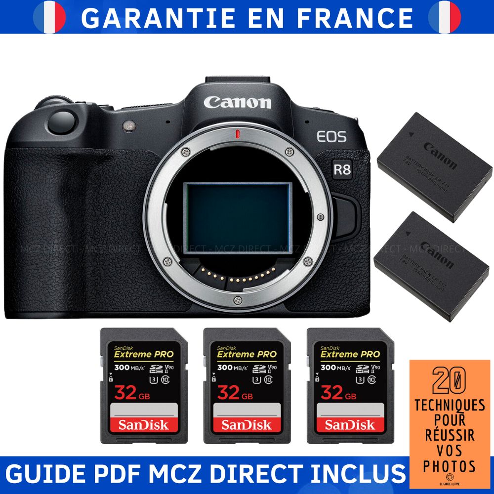Canon EOS R8 + 3 SanDisk Extreme PRO UHS II SDXC 300 MB/ + 2 Canon LP E17 + Guide PDF MCZ DIRECT '20 TECHNIQUES POUR RÉUSSIR VOS PHOTOS - vue 2