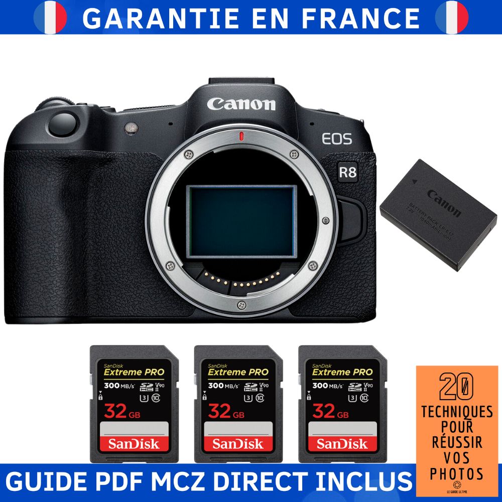 Canon EOS R8 + 3 SanDisk Extreme PRO UHS II SDXC 300 MB/ + 1 Canon LP E17 + Guide PDF MCZ DIRECT '20 TECHNIQUES POUR RÉUSSIR VOS PHOTOS - vue 2