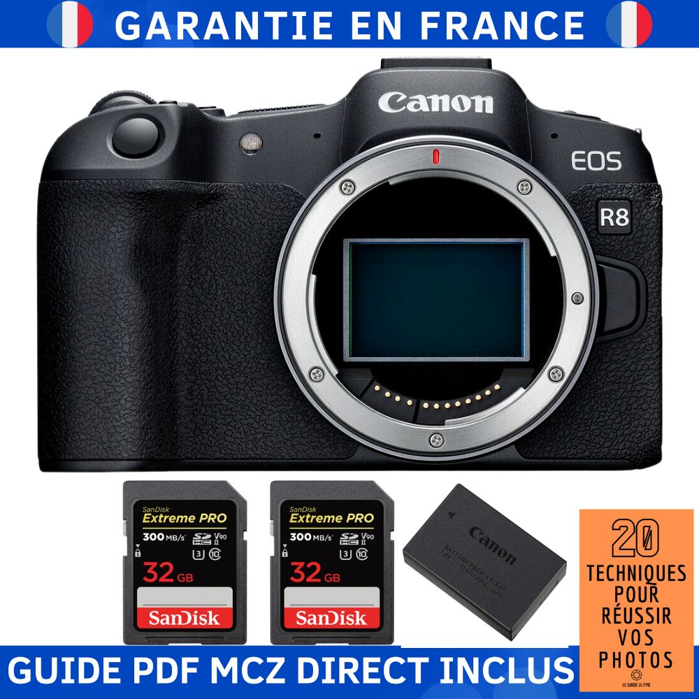 Canon EOS R8 + 2 SanDisk Extreme PRO UHS II SDXC 300 MB/ + 1 Canon LP E17 + Guide PDF MCZ DIRECT '20 TECHNIQUES POUR RÉUSSIR VOS PHOTOS
