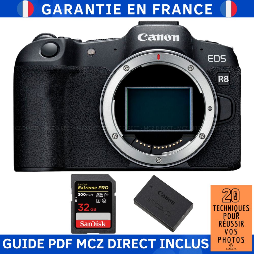 Canon EOS R8 + 1 SanDisk Extreme PRO UHS II SDXC 300 MB/ + 1 Canon LP E17 + Guide PDF MCZ DIRECT '20 TECHNIQUES POUR RÉUSSIR VOS PHOTOS