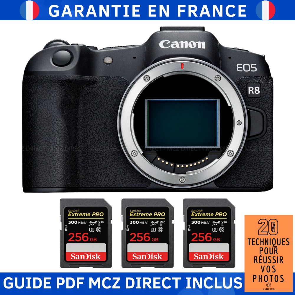 Canon EOS R8 + 3 SanDisk Extreme PRO UHS II SDXC 300 MB/ + Guide PDF MCZ DIRECT '20 TECHNIQUES POUR RÉUSSIR VOS PHOTOS - vue 3