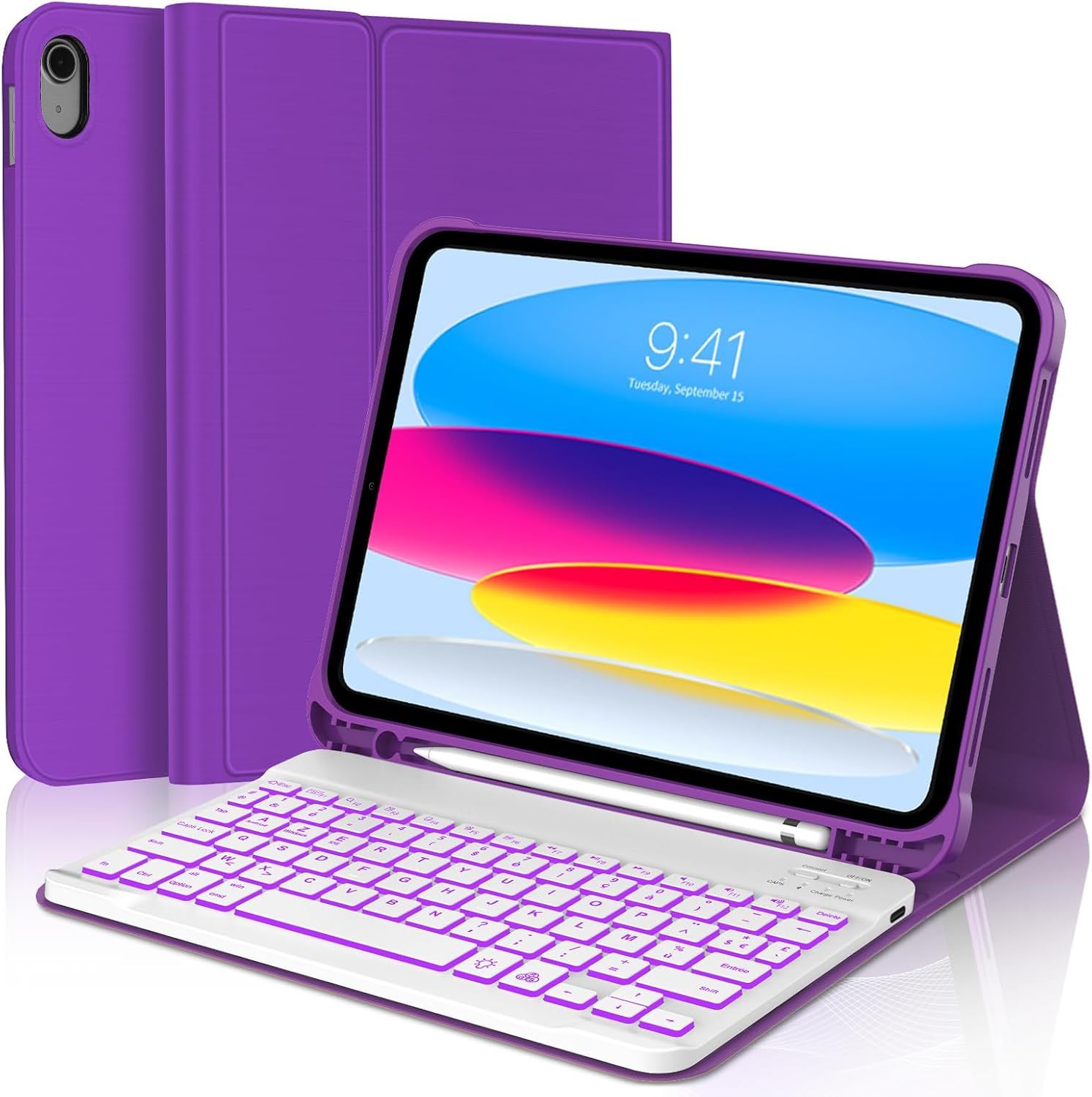 Coque Clavier Pour Ipad 10eme Generation 10.9"" 2022, Azerty Français Clavier Pour Ipad 10, Rétro-Éclairé Bluetooth Détachable Pour Ipad 10 Ème Génération A2696/ A2757/ A2777, Violet