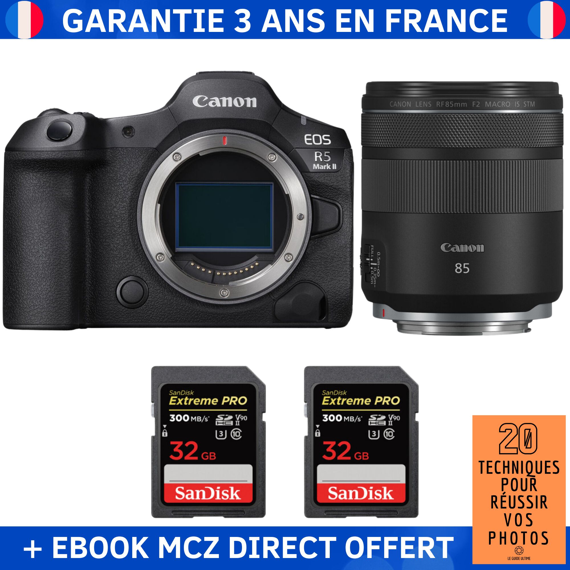 Canon EOS R5 Mark II + RF 85mm f/2 Macro IS STM + 2 SanDisk 32GB Extreme PRO UHS-II SDXC 300 MB/s + Ebook '20 Techniques pour Réussir vos Photos' - Appareil Photo Hybride Canon