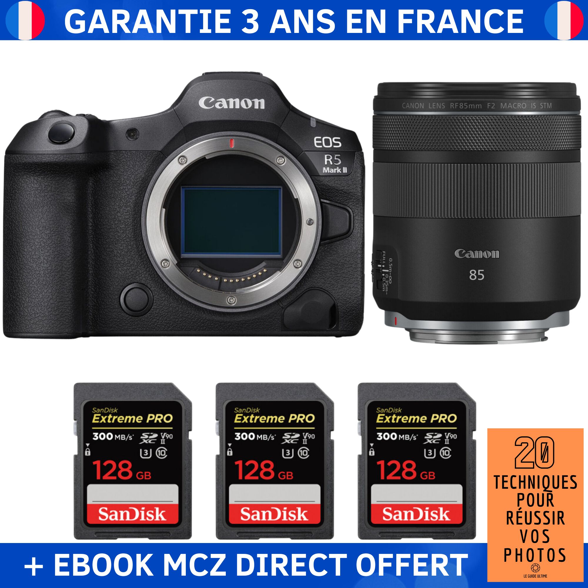 Canon EOS R5 Mark II + RF 85mm f2 Macro IS STM + 3 SanDisk Extreme PRO UHS II SDXC 300 MB/ + Ebook '20 Techniques pour Réussir vos Photos' Appareil Photo Hybride Canon