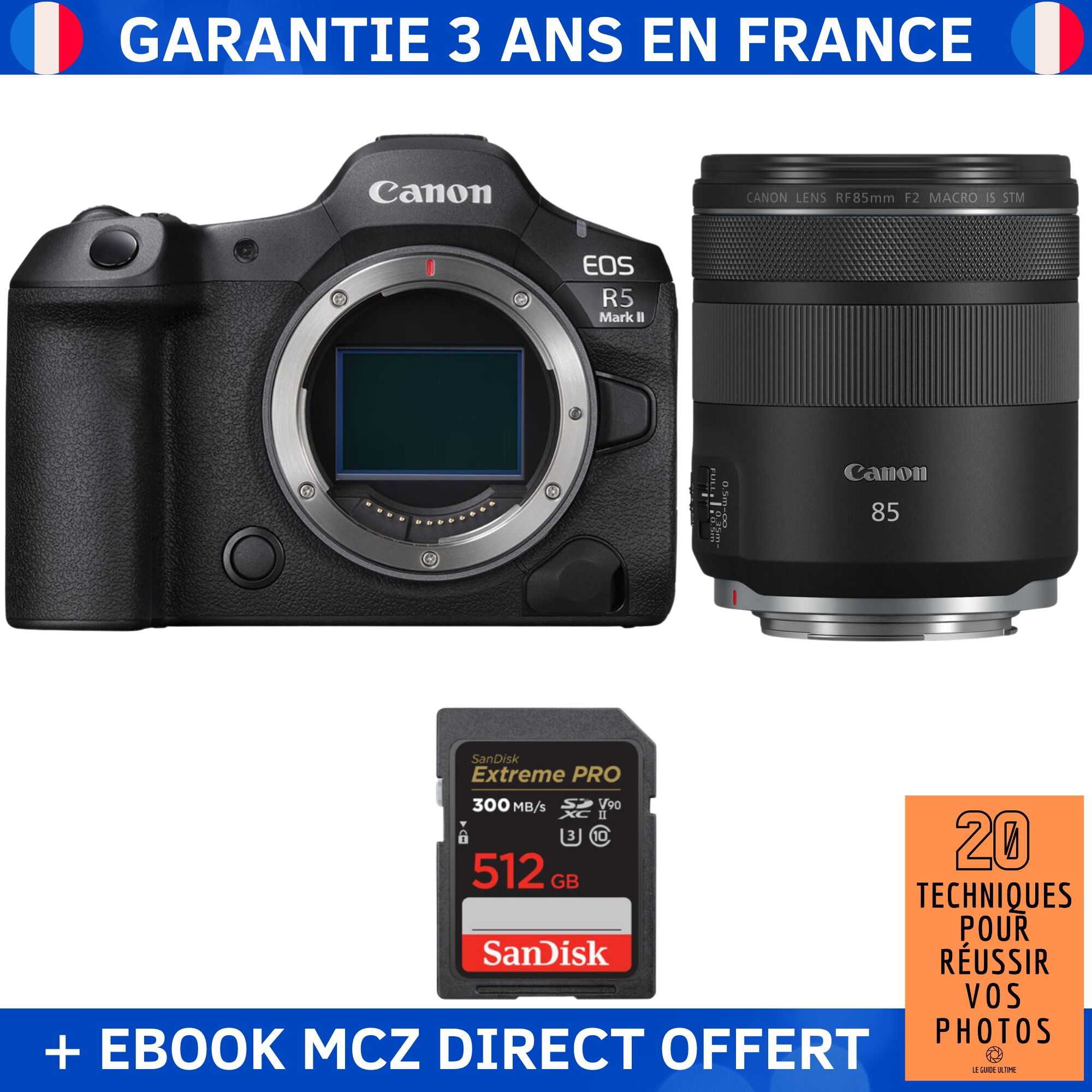 Canon EOS R5 Mark II + RF 85mm f/2 Macro IS STM + 1 SanDisk 512GB Extreme PRO UHS-II SDXC 300 MB/s + Ebook '20 Techniques pour Réussir vos Photos' - Appareil Photo Hybride Canon