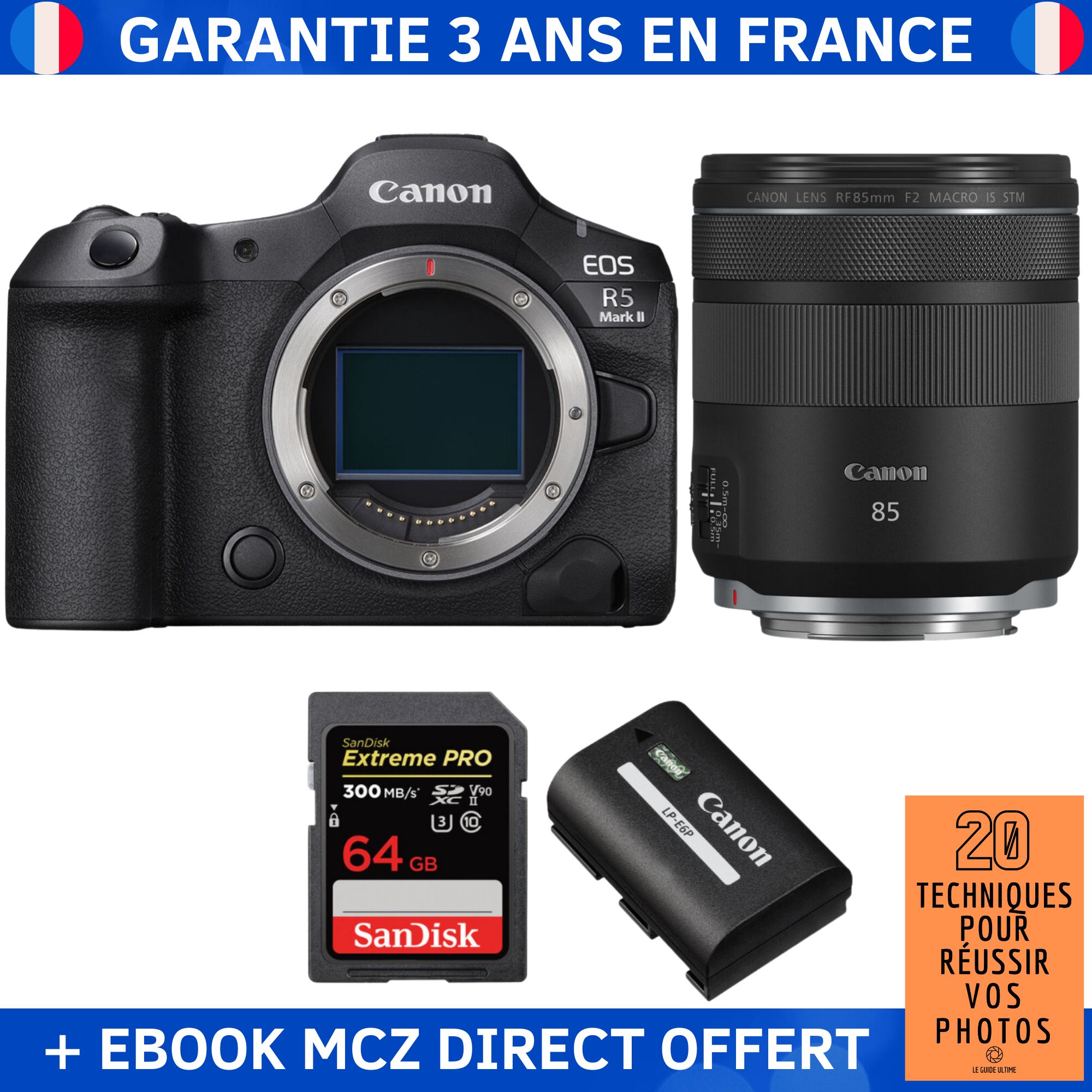 Canon EOS R5 Mark II + RF 85mm f2 Macro IS STM + 1 SanDisk Extreme PRO UHS II SDXC 300 MB/ + 1 Canon LP E6P + Ebook '20 Techniques pour Réussir vos Photos' Appareil Photo Hybride Canon