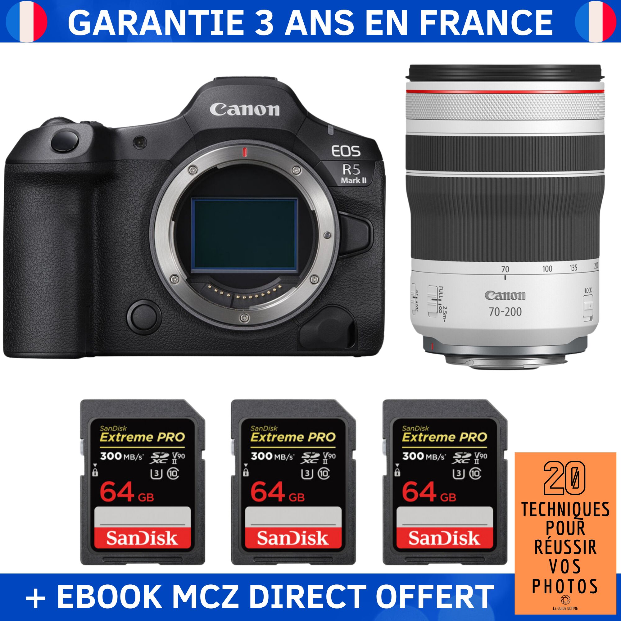 Canon EOS R5 Mark II + RF 70 200mm f4 IS USM + 3 SanDisk Extreme PRO UHS II SDXC 300 MB/ + Ebook '20 Techniques pour Réussir vos Photos' Appareil Photo Hybride Canon