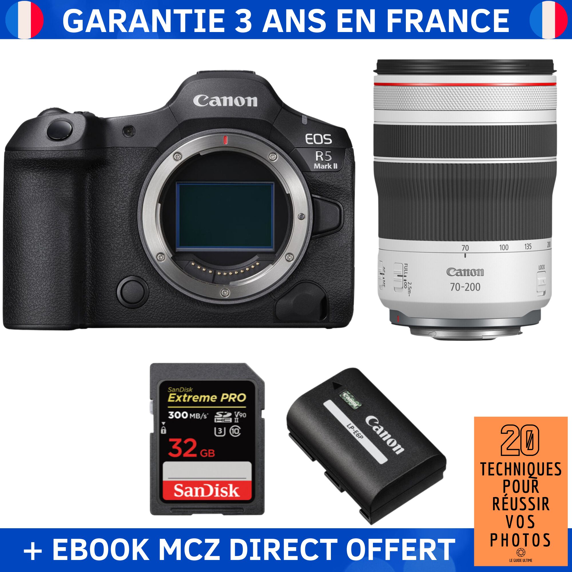 Canon EOS R5 Mark II + RF 70 200mm f4 IS USM + 1 SanDisk Extreme PRO UHS II SDXC 300 MB/ + 1 Canon LP E6P + Ebook '20 Techniques pour Réussir vos Photos' Appareil Photo Hybride Canon
