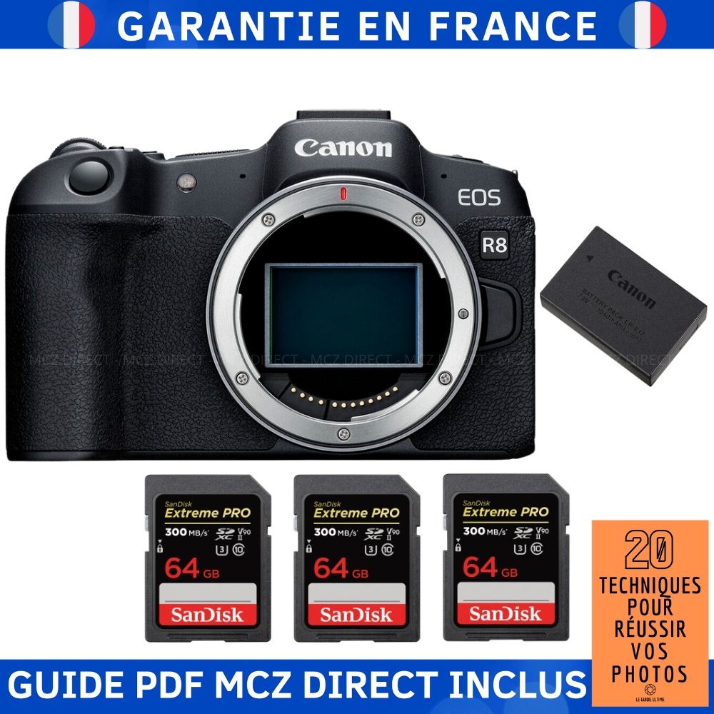 Canon EOS R8 + 3 SanDisk Extreme PRO UHS II SDXC 300 MB/ + 1 Canon LP E17 + Guide PDF MCZ DIRECT '20 TECHNIQUES POUR RÉUSSIR VOS PHOTOS