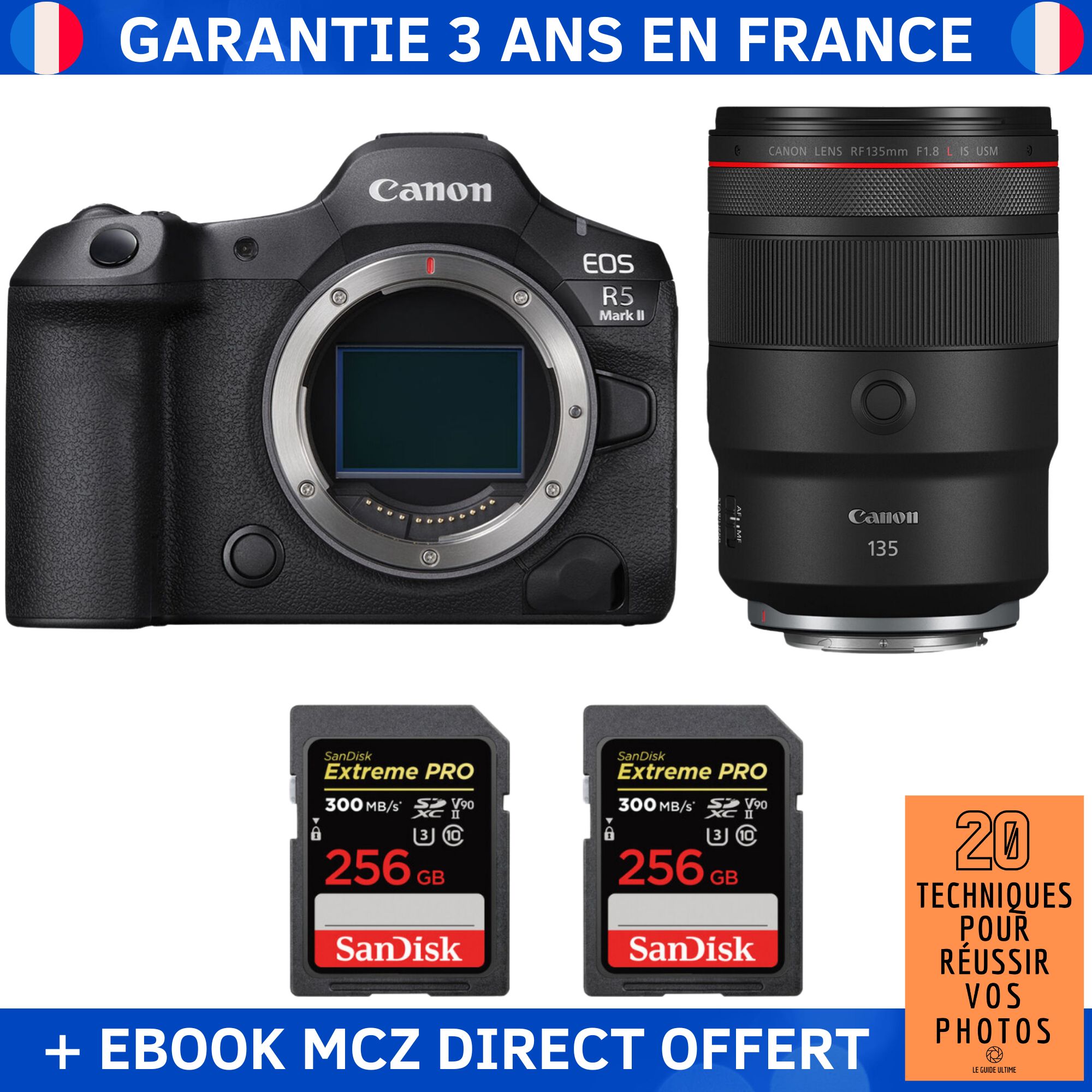 Canon EOS R5 Mark II + RF 135mm f/1.8 L IS USM + 2 SanDisk 256GB Extreme PRO UHS-II SDXC 300 MB/s + Ebook '20 Techniques pour Réussir vos Photos' - Appareil Photo Hybride Canon