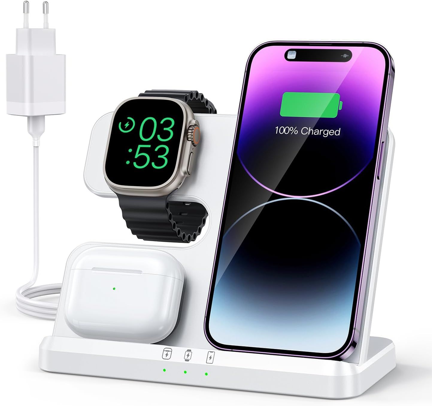 Chargeur Induction 3 En 1 Pour Iphone 15 14 13 12 11 Pro /Xr/8/Samsung, Station De Charge Pour Apple Watch 9/Ultra 2/Se/8/7/6/5/4, Base Chargeur Pour Airpods Pro/3/2 (Blanc)