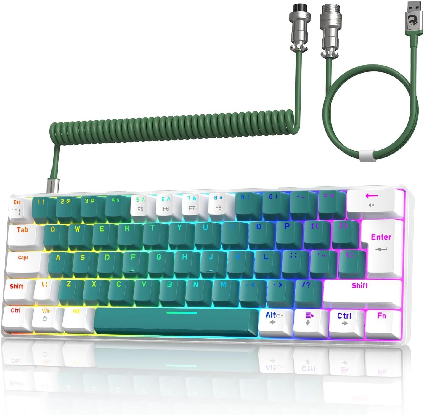 T60 Clavier de Jeu Filaire avec Câble USB C Enroulé,QWERTY Mini 60% Compact 62 Key Anti-ghosting,18 Rétroéclairage Arc-en-Ciel,Clavier Mécanique Clicky Blue Switch pour PC/Mac-Vert