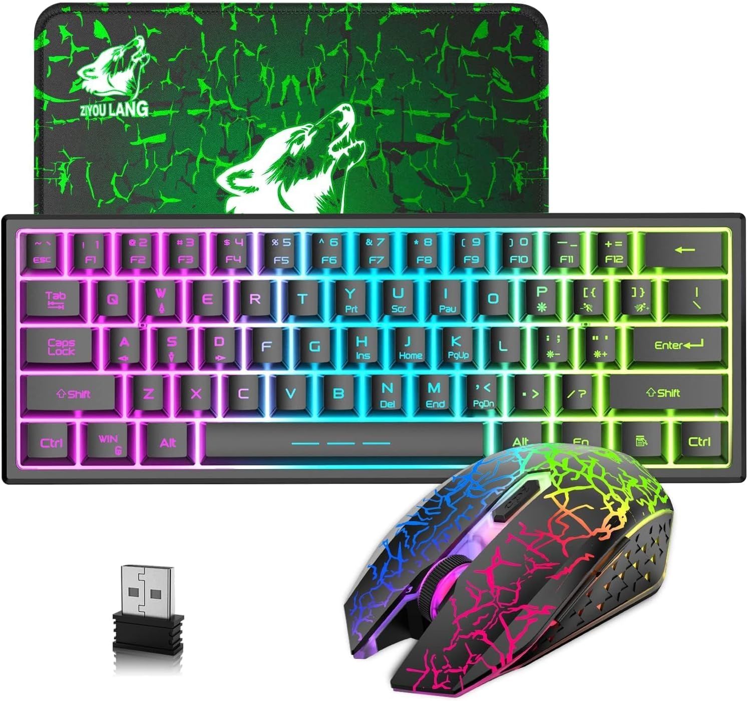 60% Compact USB Pack Clavier Souris Sans Fil Gamer,Mecanique Sentiment 3800mAh RGB Rétroéclairé Clavier,Souris 2400DPI 7 Optique Respiration Lumières Ergonomique,Compatible Mac/PC/window-Noir