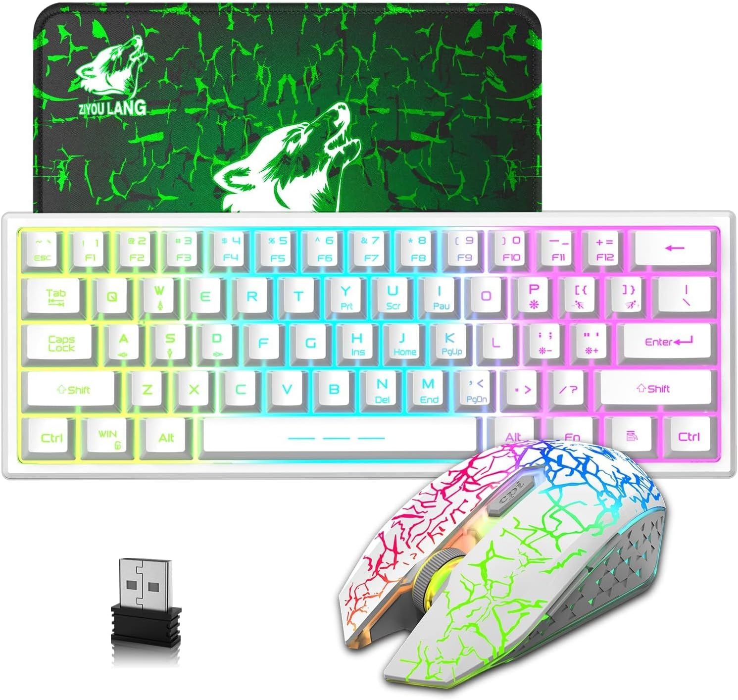 60% Compact USB Pack Clavier Souris Sans Fil Gamer,Mecanique Sentiment 3800mAh RGB Rétroéclairé Clavier,Souris 2400DPI 7 Optique Respiration Lumières Ergonomique,Compatible Mac/PC/window-Blanc