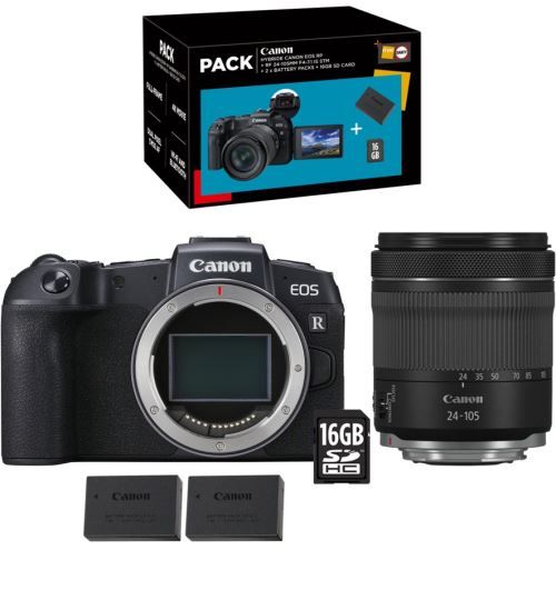 Pack appareil photo hybride Canon EOS RP + RF 24-105 mm f/4-7.1 IS STM + Seconde Batterie LP-E17 + Carte SD 16GB Noir