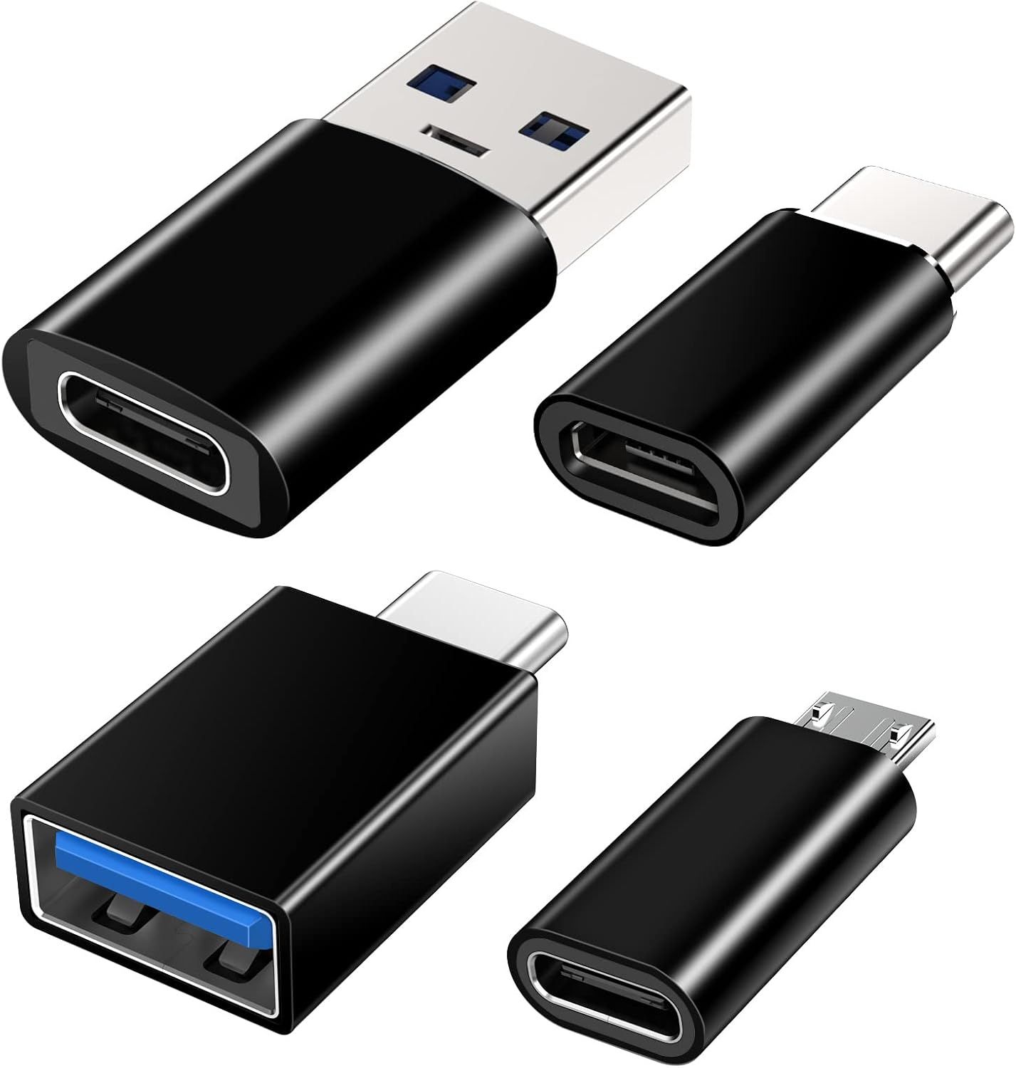 Adaptateur USB C Pack de 4, Adaptateur USB C Femelle vers USB Mâle, Adaptateur Micro USB vers USB C OTG Compatible avec iPhone, PC, Samsung Galaxy, iPad, Laptop, MacBook Pro, Google, AirPods