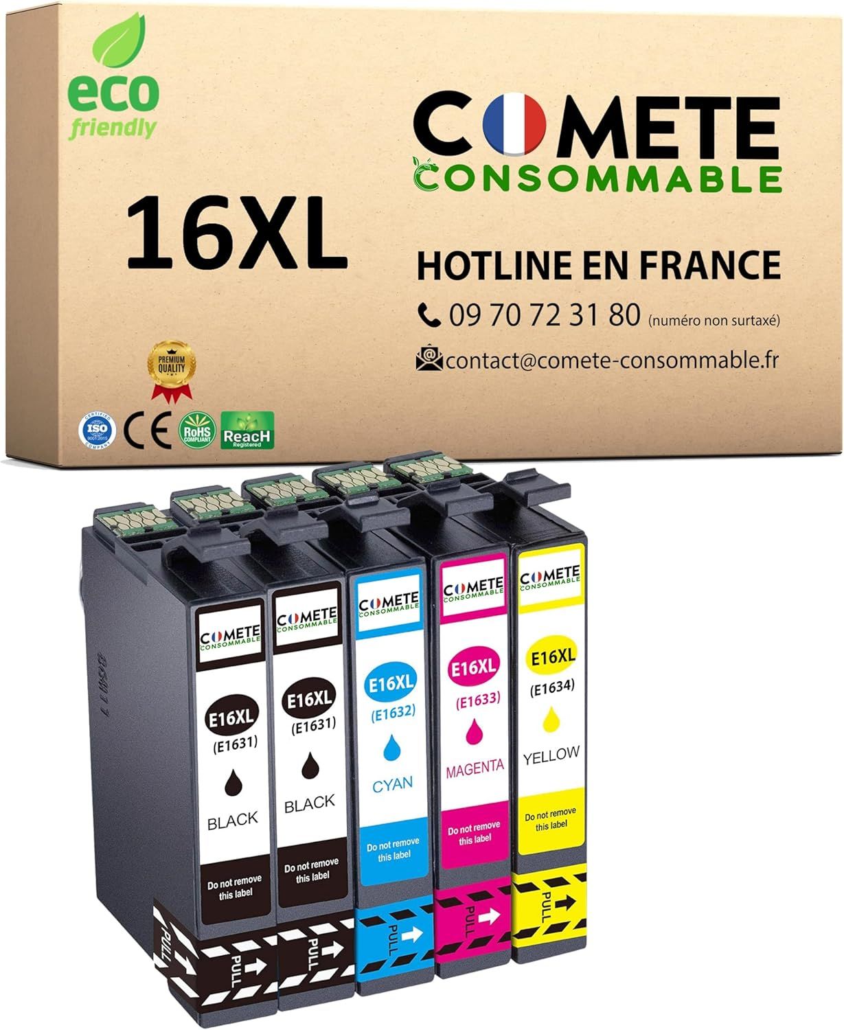 Marque française-16XL-5 Cartouches d'encre Compatibles avec EPSON 16 XL/T1631 Stylo Plume-pour Cartouche Epson WF 2510 WF 2010 2520 2530 2540 (2 Noirs 1 Cyan 1 Magenta 1 Jaune)