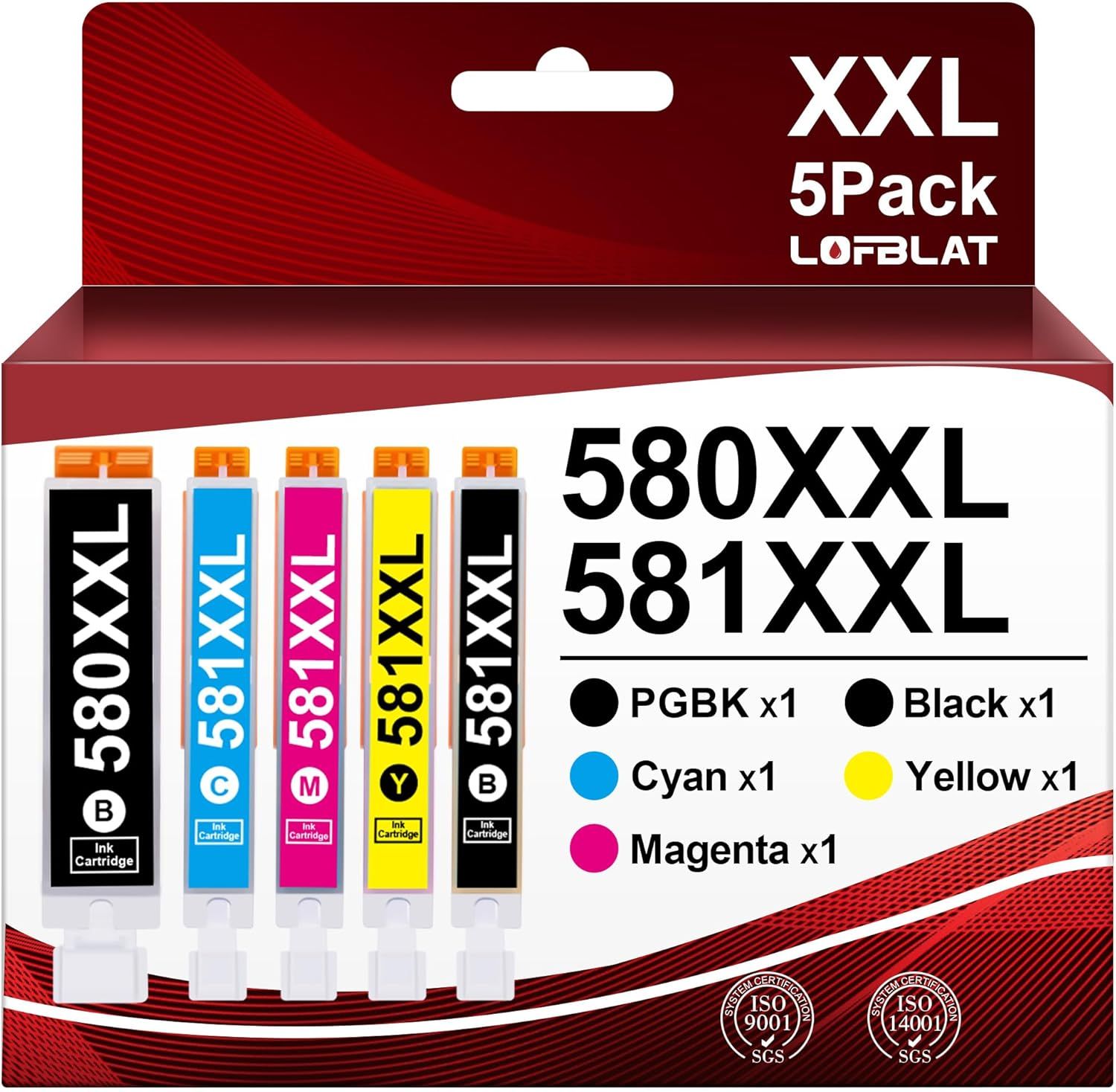 PGI580 XXL CLI581XXL Cartouche d'encre Compatible pour Canon CLI-581 PGI-580 XXL pour Canon TS8150 TS8151 TS8250 TS6150 TS6151 TS6250 TS6251 TS8252 TS8350 TS9150 TR7550 (5-Pack)