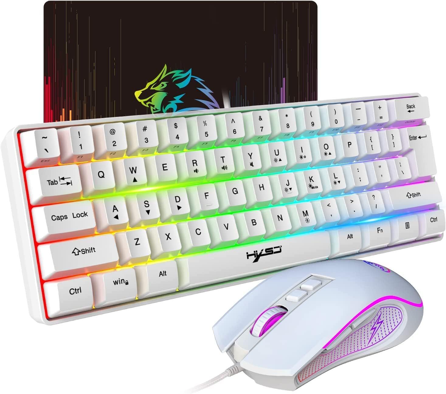 V700 Ensemble Clavier et Souris de Jeu,Clavier de Jeu 60%,Disposition Compacte 61 Touches,Rétroéclairage RVB,Souris à Capteur Optique avec Lumière LED Colorée,Jusqu'à 3600 DPI,pour PC,Mac-Blanc