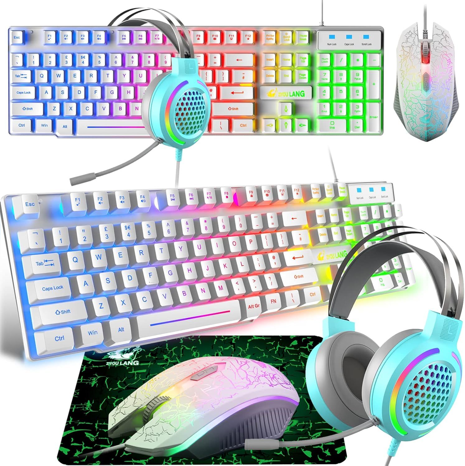 Ensemble Clavier Souris et Casque Gaming,Clavier Rétroéclairé Coloré LED Filaire,Casque à RGB 7.1 Canaux Son Stéréo,Souris 4 Boutons 2400DPI,Tapis de Souris,Compatible avec PC PS4 Xbox,Blanc