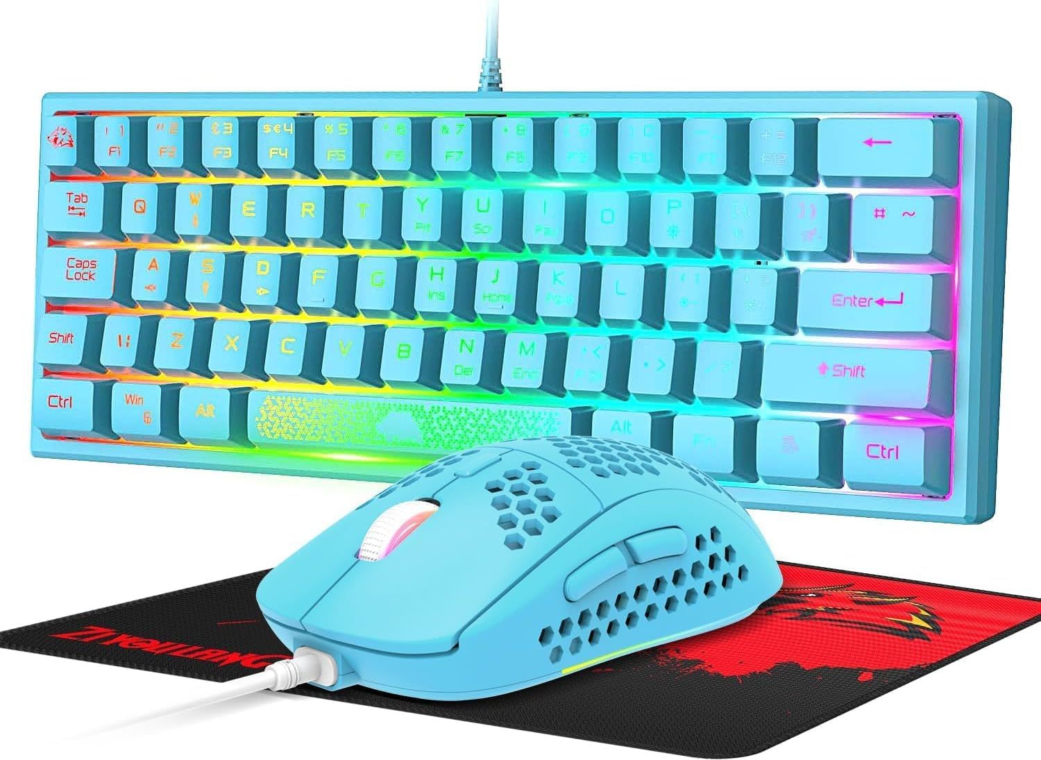 UK Layout Wired Peigne 62 Touches Clavier De Jeu RGB Rainbow Light Sculpture Laser 10 Chroma RGB 12000DPI Silent Respirant Honeycomb Shell Mouse+Tapis De Souris pour PC Gamer (Blue)