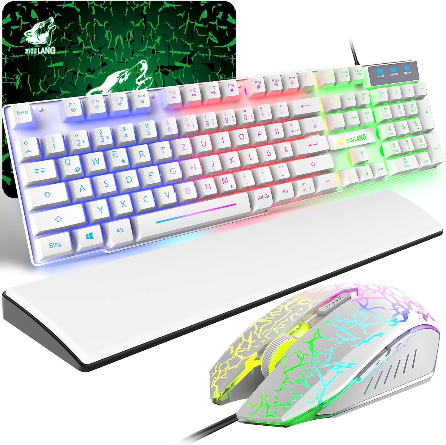 Ensemble Clavier Souris Gaming avec Repose-Poignet,QWERTZ DE Layout Clavier Rétroéclairé Coloré LED Filaire Souris 6 Boutons 2400DPI,Tapis de Souris,Compatible avec Windows,Mac,PS4,Blanc