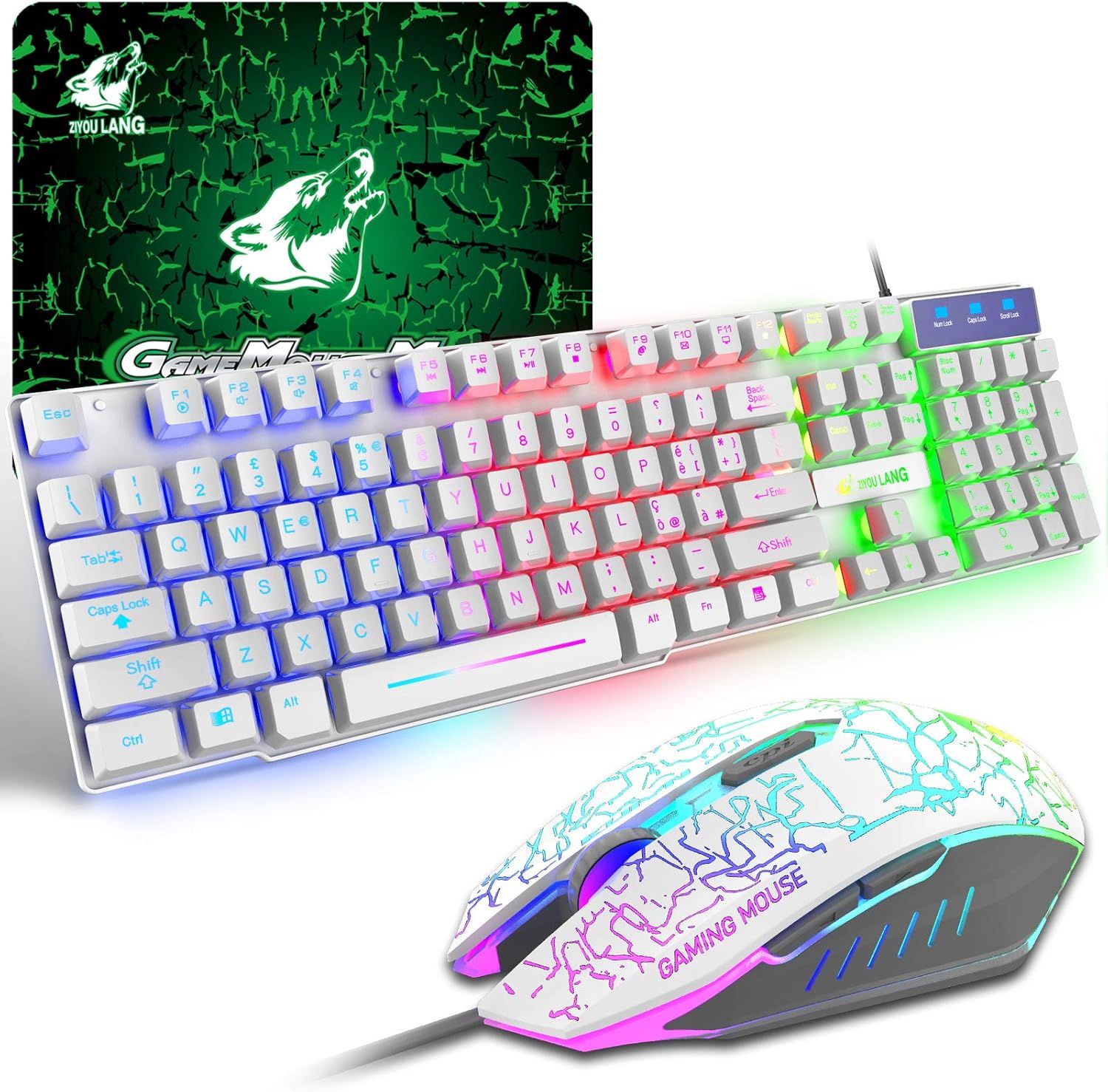 Ensemble Clavier Souris Gaming,QWERTY Disposition Italienne Clavier Rétroéclairé Coloré LED Filaire Souris 6 Boutons 2400DPI Tapis de Souris,Compatible avec Windows,Mac OS,PS4,Xbox Blanc