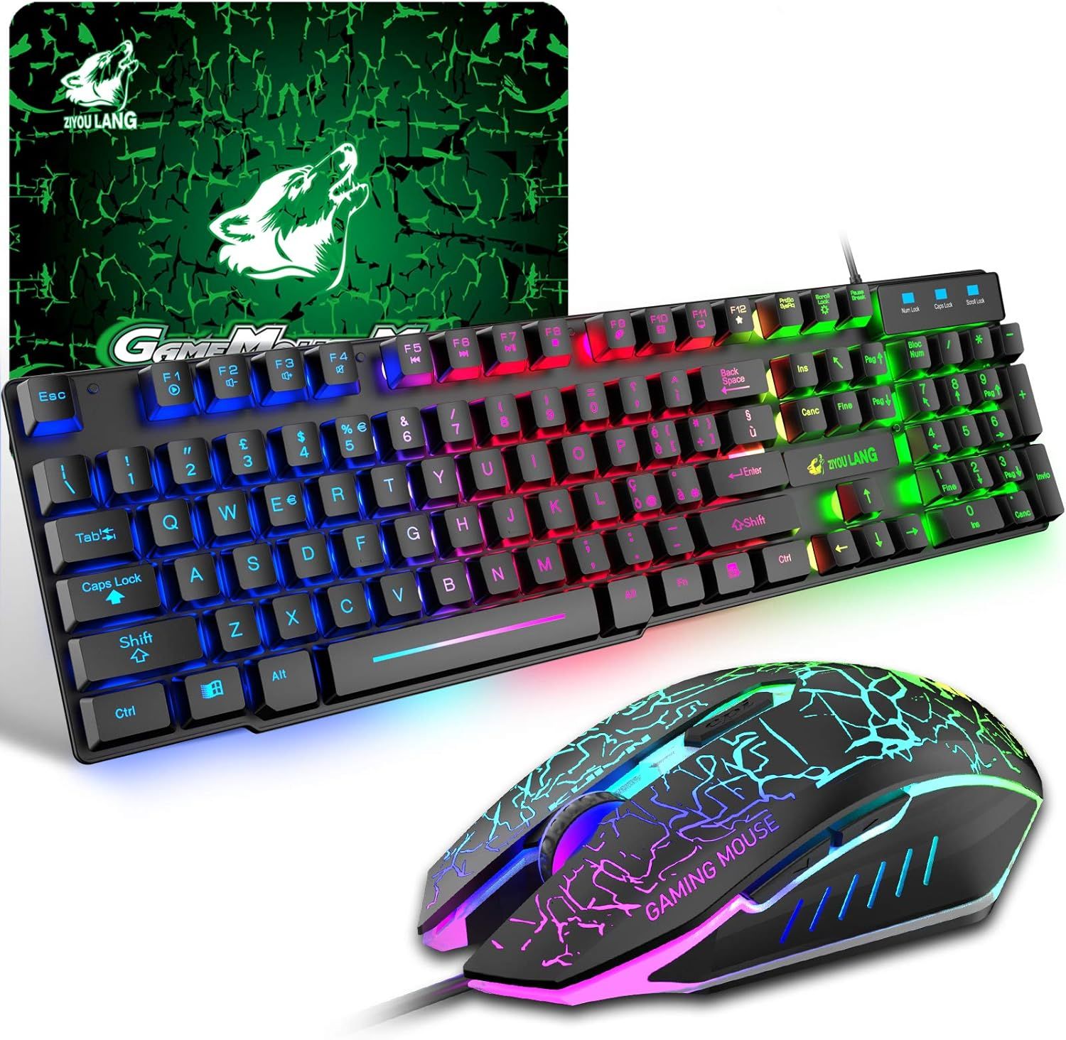 Ensemble Clavier Souris Gaming,QWERTY Disposition Italienne Clavier Rétroéclairé Coloré LED Filaire Souris 6 Boutons 2400DPI Tapis de Souris,Compatible avec Windows,Mac OS,PS4,Xbox Noir