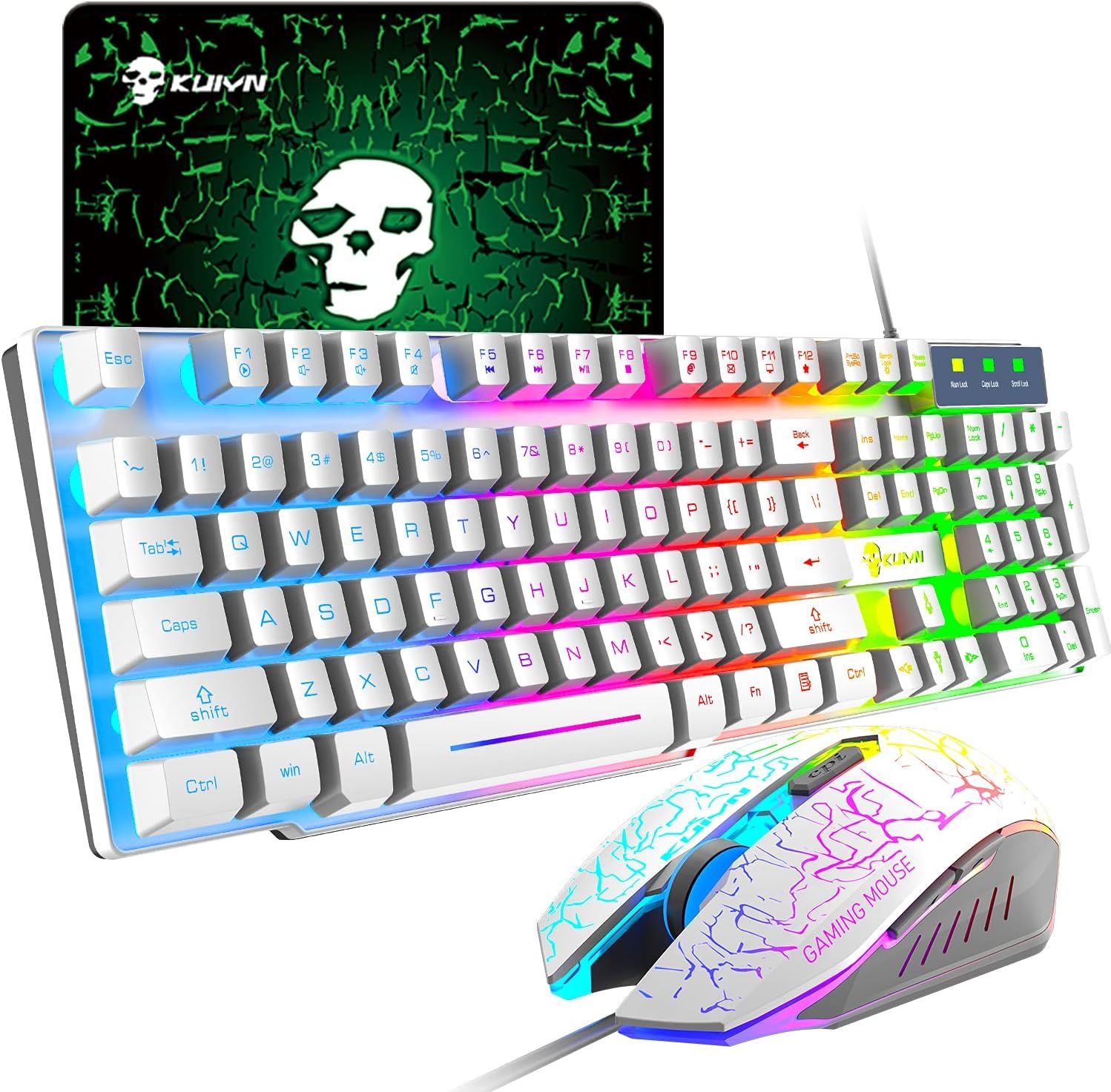 US Layout T6 Arc en Ciel Rétro-éclairé USB Gaming Clavier+2400DPI 6 Boutons Optique Arc en Ciel LED USB Gaming Souris+Gaming Souris Pads,104 Key Semi-Mechanical Kepcaps for Mac/Win(Blanc)