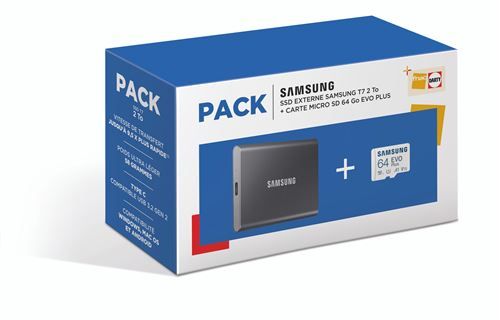 Pack Samsung SSD Externe T7 2 To avec Carte micro SD 64 Go EVO Plus