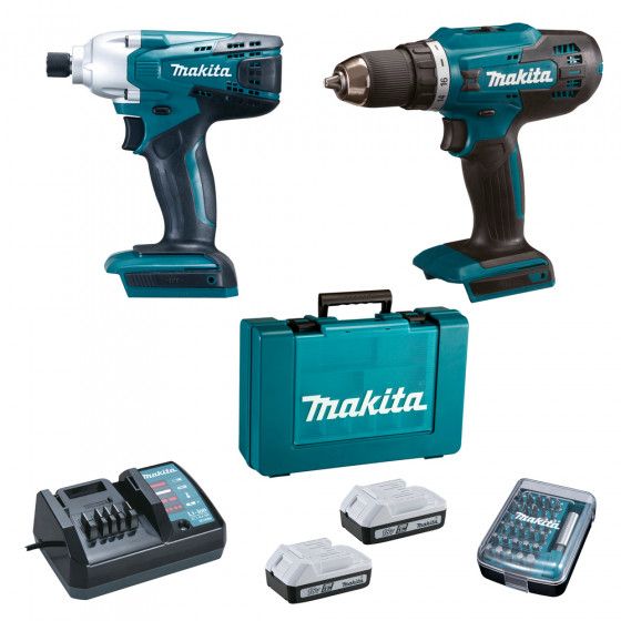 Perceuse sans fil 18V DF4880 + clé à chocs 18V TD127D MAKITA avec 2 batteries 18V 1.5 Ah + chargeur + 30 embouts DK18A35X1