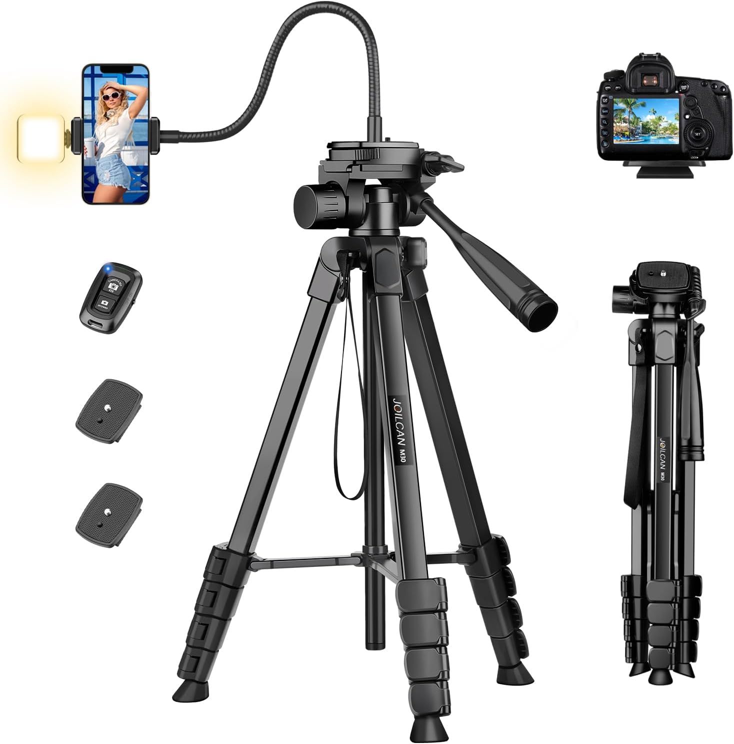 206cm Trepied Appareil Photo, Nouveau Trépied Smartphone en Col de Cygne pour iPhone avec Télécommande & Support de Téléphone, Légère Trepied Camera en Aluminium pour DSLR Canon Nikon