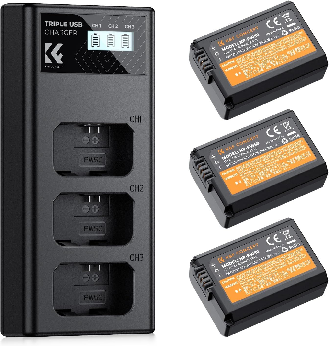 NP-FW50 Batterie 3 x 1100mAh Batteries et 3 Fentes Écran LCD Chargeur Compatible avec Sony ZV-E10, Alpha A6000 A6300 A6400 A6500 A5000 A5100 A7 A7II A7R A7RII A7S A7SII RX10 II III Caméras