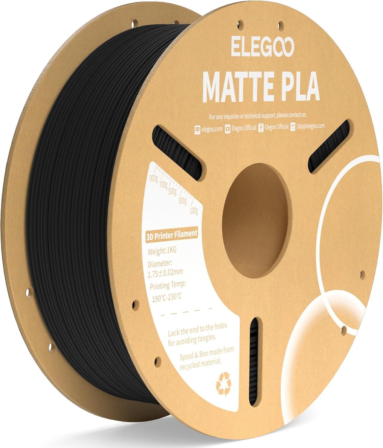 Filament PLA Matte Noir 1KG,1.75mm Filament pour Imprimante 3D Précision Dimensionnelle+/-0.02mm,Bobine de 1kg de carton (2.2lbs) pour la plupart des Imprimantes 3D FDM