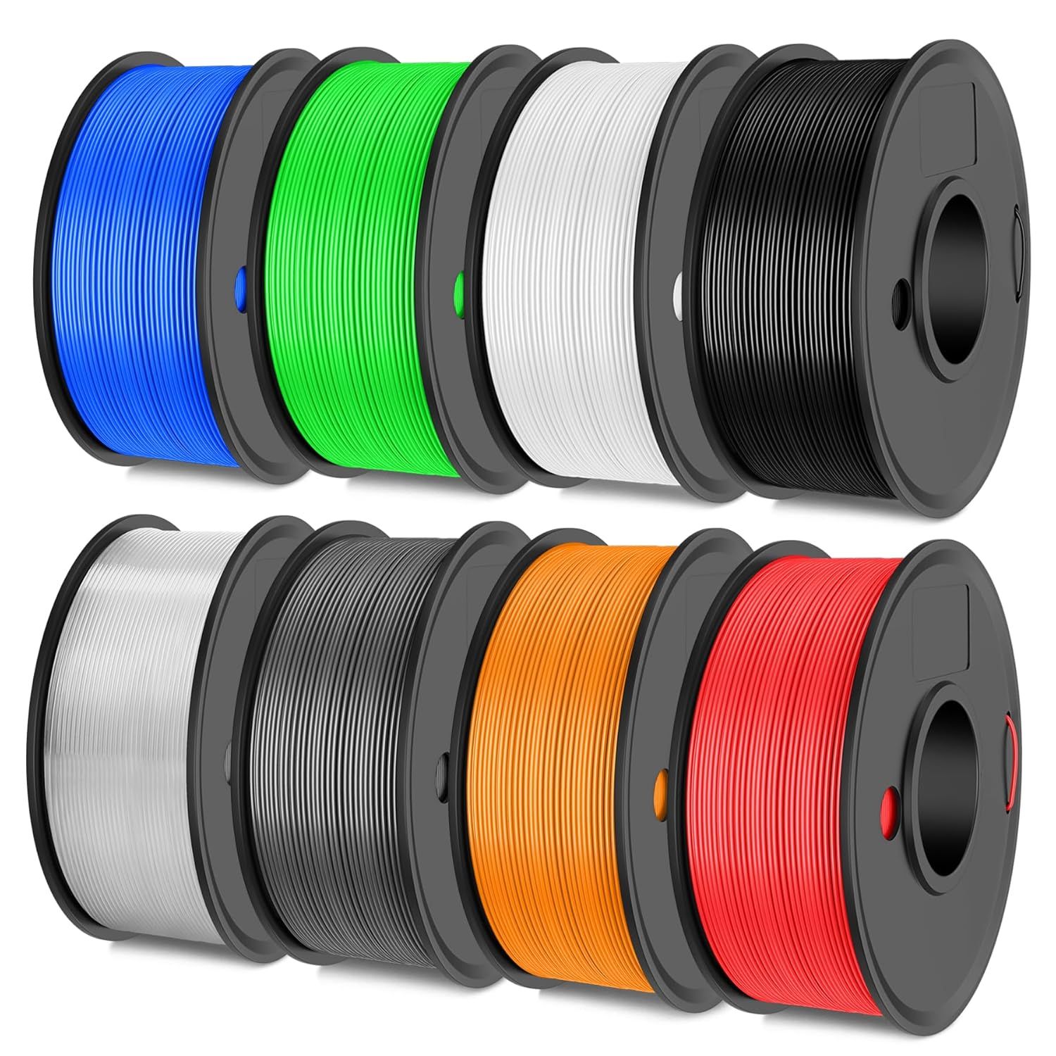 Lot de 8 filaments pour imprimante 3D PLA+,filament PLA PLUS 1.75 mm,bobine de 0.25 kg,filament soigneusement enroulé avec 8 couleurs,noir+blanc+gris+transparent+rouge+bleu+orange+vert