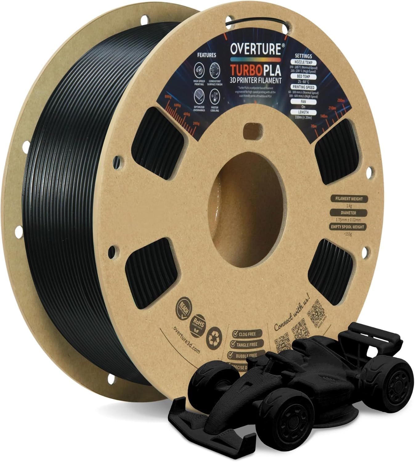 Turbo PLA Filament 1.75 mm Rapide PLA Filament Haute Vitesse 600 mm/s,Filament D'imprimante 3D Hyper PLA,Précision Dimensionnelle+/-0,02 mm,1 kg/Spule (Noir)