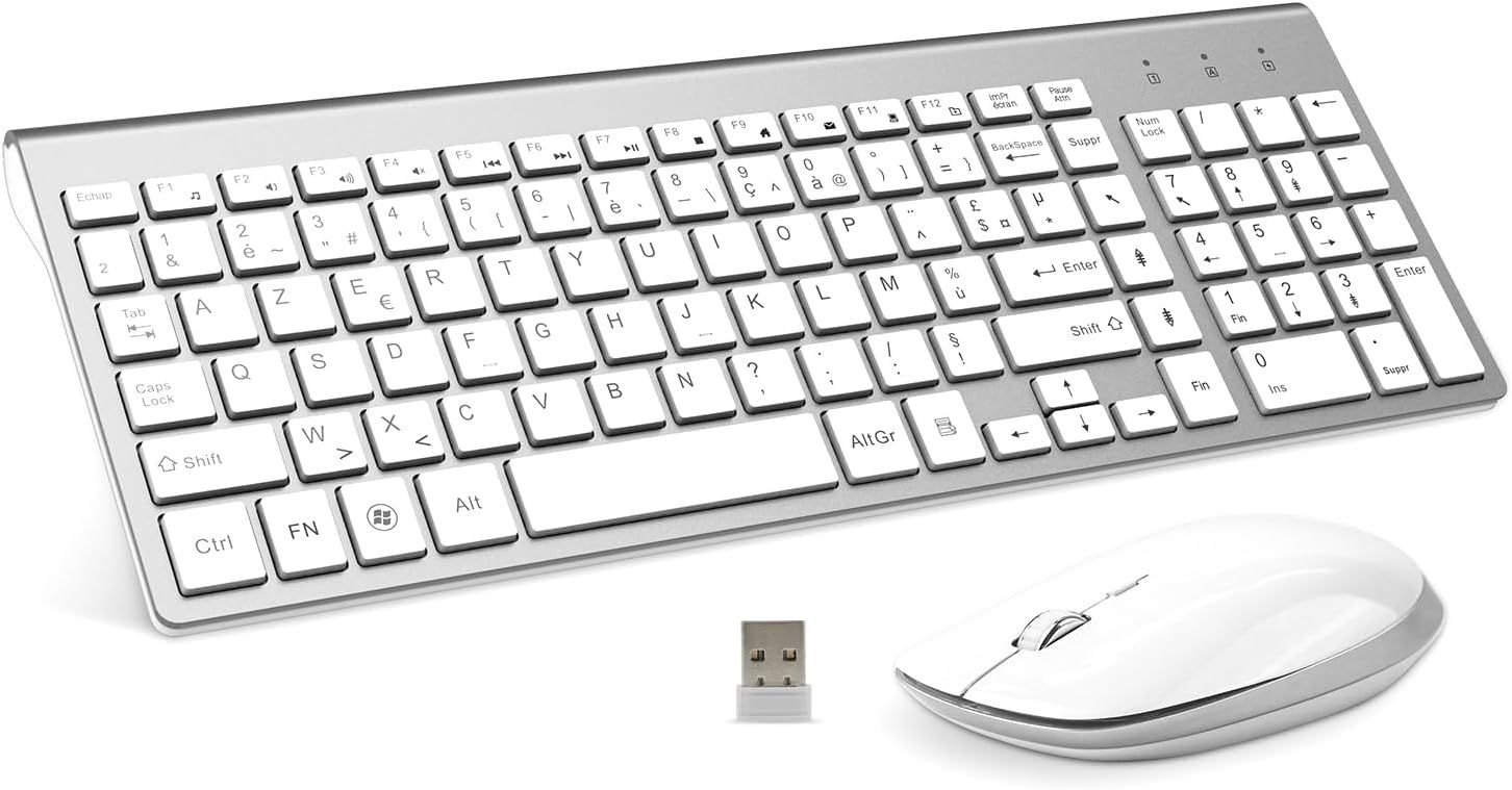 Clavier et Souris sans Fil - 2.4G Silent Compact Clavier de Souris Pleine Taille Ergonomique pour PC/Portable/Ordinateur/Laptop/TV (Argent)