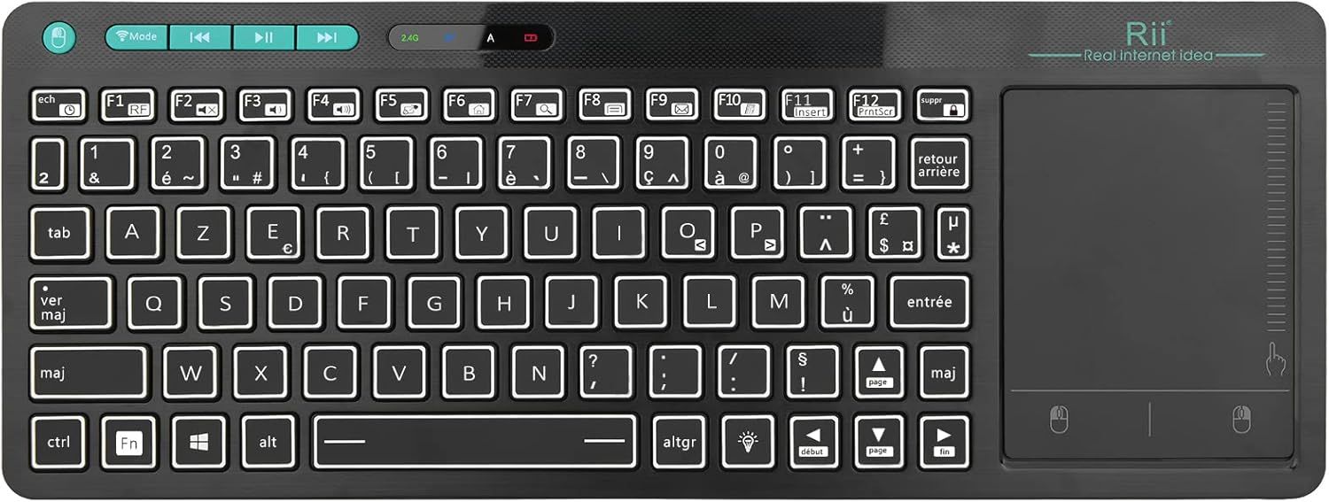 Clavier sans Fil Français (AZERTY) Clavier de Bureau Clavier bureautique avec Souris Tactile de Grande Taille Intégrée Wireless, Batterie Li-ION Rechargeable (Bluetooth & 2.4 GHz)