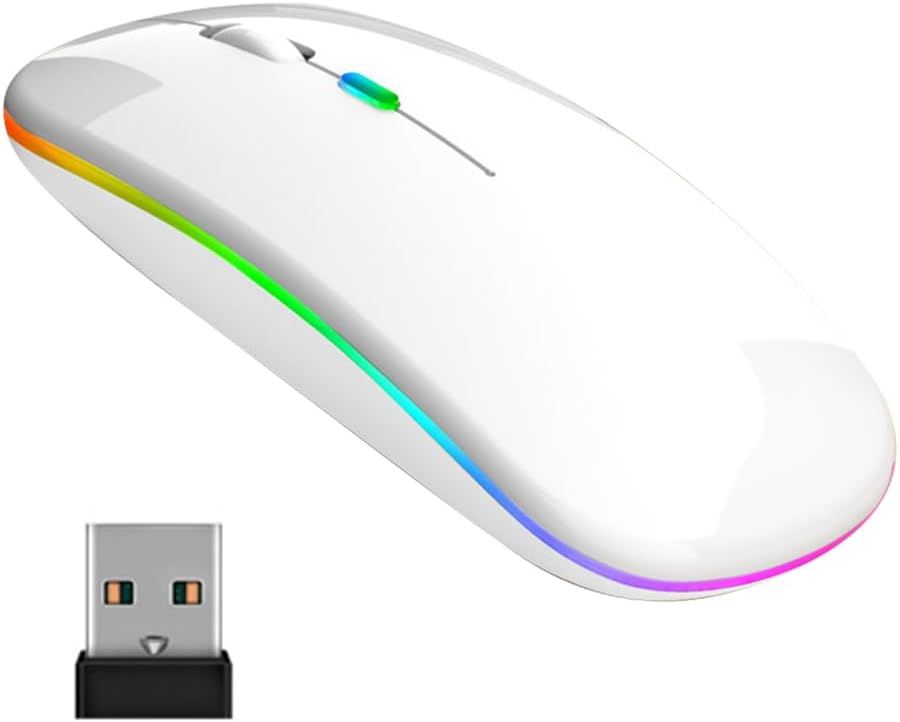 Souris sans Fil Rechargeable - Bluetooth Souris Rétroéclairée de 7 Couleurs avec récepteur USB et Souris Bluetooth 5.0 sans Fil Souris pour Ordinateur Portable, PC, MacBook, Notebook, Tablette, Blanc