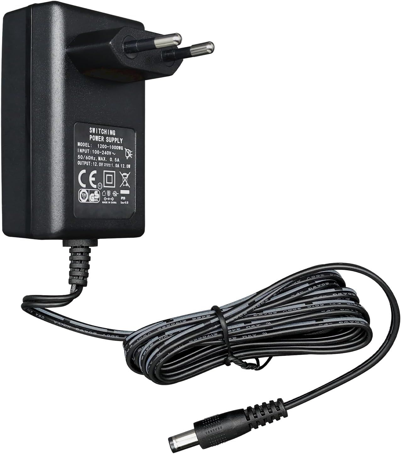 Adaptateur Secteur 12V 1A/1000mA,AC 100-240V 50/60Hz vers DC 12V 1A/1000mA 12W Chargeur Mural 5,5 x 2,1 mm,Centre Positif,câble 1,8 m 20AWG pour Une Utilisation Stable et Flexible