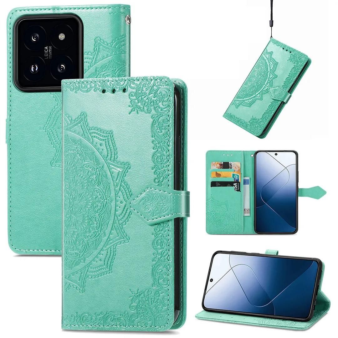 SATURCASE Coque pour Xiaomi 14, Mandala Gaufrage PU Cuir Magnétique Flip Portefeuille Support Porte-carte Protecteur Housse Étui avec Dragonne pour Xiaomi 14 (MA-Vert)